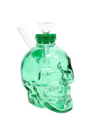 Green 4-inch skull water pipe with sculpted teeth, matching cap, funnel bowl, and angled glass straw mouthpiece