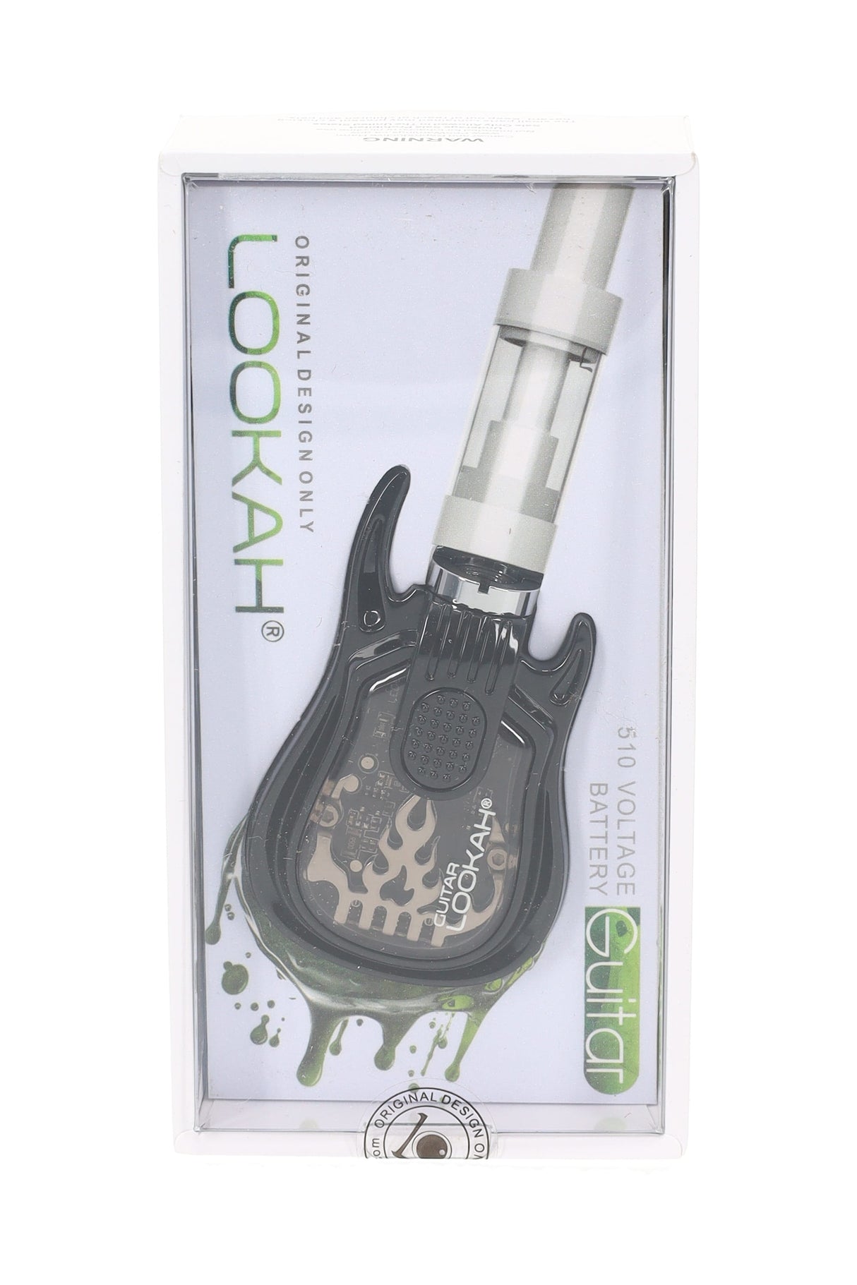 Charcoal Lookah Guitar 510 battery in box, small electric-guitar profile with textured button and clear viewing panel.