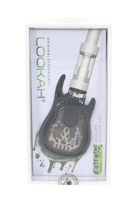 Charcoal Lookah Guitar 510 battery in box, small electric-guitar profile with textured button and clear viewing panel.