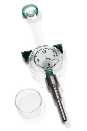 Teal-accent glass clock dab straw kit with detachable metal tip and quartz dish, 8 inches long.