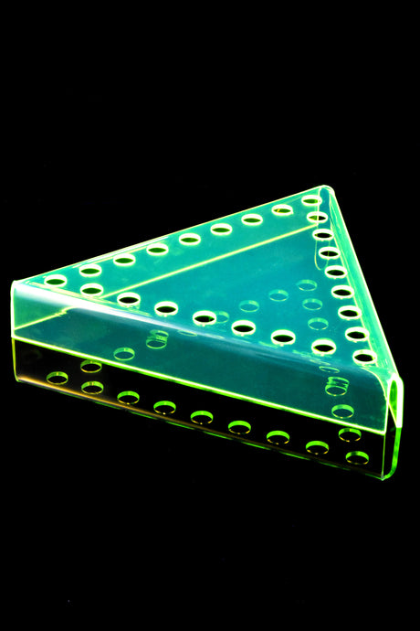 Neon yellow triangular acrylic bowl display stand, 24 precision 14 mm holes glowing green on black background