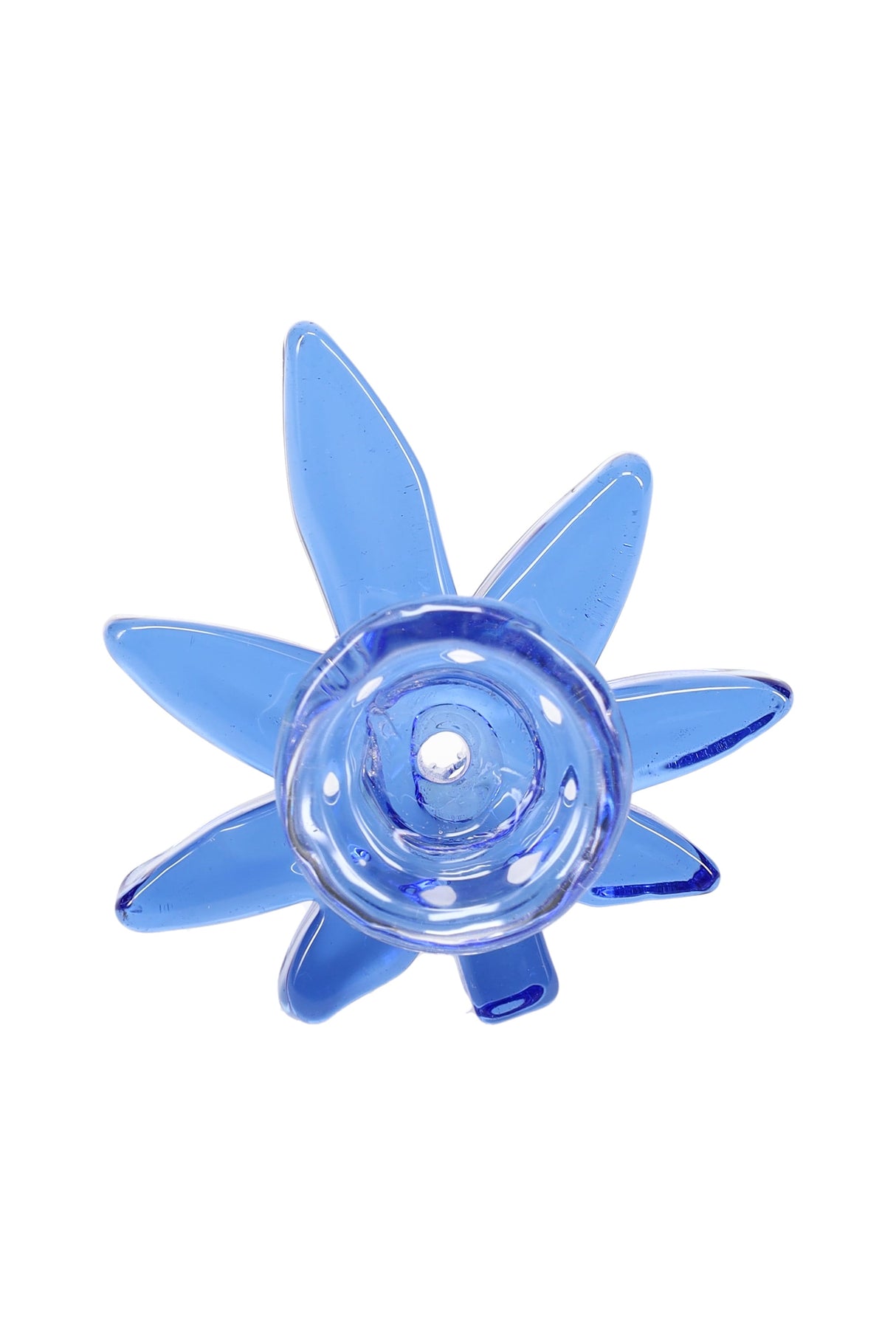 Top-down view of blue glass leaf bowl slide revealing round packable cavity and evenly spaced leaf “petals” for grip.