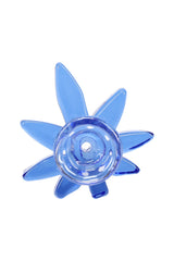 Top-down view of blue glass leaf bowl slide revealing round packable cavity and evenly spaced leaf “petals” for grip.