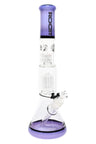 Clear ROOR Tech 14-inch beaker bong with purple mouthpiece and base accents, tree perc, ice pinch, glass-on-glass downstem and bowl.