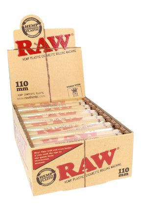 RAW 110 mm hemp plastic rolling machine display with 12 individually wrapped rollers for king size papers.