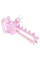 Pink iridescent chainsaw bong showing rectangular chamber, carry handle, and toothy bar with GoG bowl, about 11″ long.