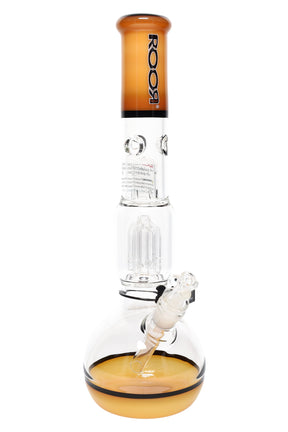 Amber/black-accent ROOR Tech 14-inch bubble base bong with tree perc, glass-on-glass downstem and bowl.