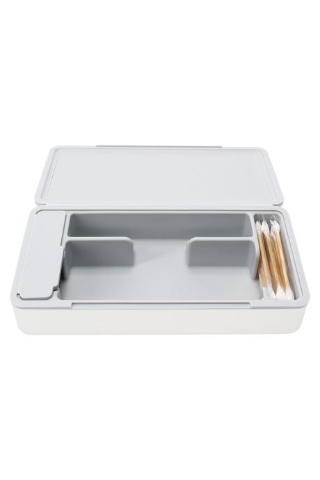Interior layout showing two main bays, covered pocket and side swab rack, designed to organize a Pivot kit neatly.
