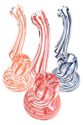 Three 4.5-inch glass bubbler pipes with red, orange and blue spiral stripes, sherlock curves, upright on white background