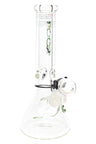 Clear ROOR 10-inch beaker bong with green camo ROOR logo, ultra-thick 7 mm glass, glass-on-glass downstem and bowl, ice pinch.