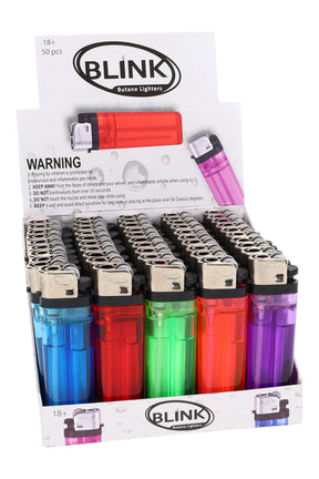Blink butane lighter display with 50 disposable lighters in clear neon assorted colors arranged in a countertop box.