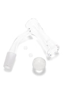 GRAV hourglass quartz banger with frosted joint shown with clear marble carb cap and two pearls for smooth, circulating airflow.