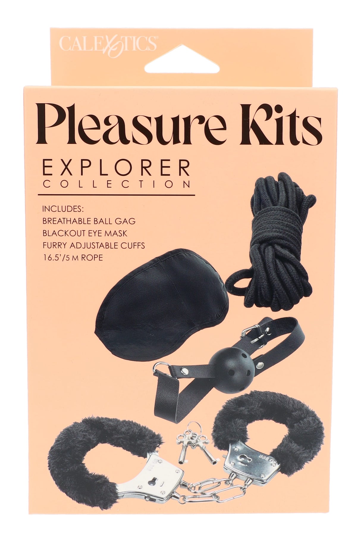 Black four-piece bondage kit featuring breathable ball gag, faux-fur handcuffs, 16.5-foot rope, and blindfold in retail box