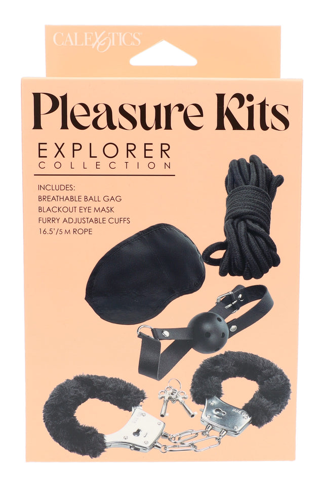 Black four-piece bondage kit featuring breathable ball gag, faux-fur handcuffs, 16.5-foot rope, and blindfold in retail box