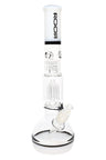 White/black-accent ROOR Tech 14-inch bubble base bong with tree perc, glass-on-glass downstem and bowl.