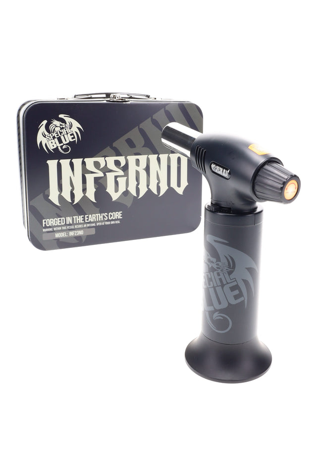 Special Blue Inferno Pro Noir butane torch with matching black tin case, angled view showing ignition switch and nozzle.
