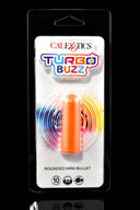 Orange Turbo Buzz rounded mini bullet vibrator in retail packaging; rounded tip, 10 modes, USB rechargeable, IPX7 waterproof.