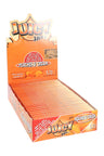 Juicy Jay’s Peaches & Cream 1¼ flavored rolling papers display box, orange graphics and open 24-count arrangement.