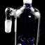 Blue-perc ash catcher on black background with frosted joints and clear cylindrical chamber.