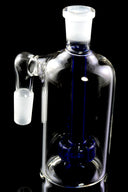 Blue-perc ash catcher on black background with frosted joints and clear cylindrical chamber.