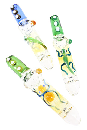 Seven-inch color-changing glass steamroller with raised grip marbles and applied lizard critter detail, shown in assorted accent colors.