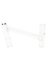 Clear drop-down sidecar glass adapter with two 14.5 mm male joints connected by an offset tube, angled on a white background.