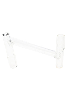 Clear drop-down sidecar glass adapter with two 14.5 mm male joints connected by an offset tube, angled on a white background.
