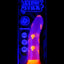 Glow Stick silicone dildo with mushroom icons glowing vividly under UV, wide suction base illuminated inside packaging.