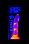 Glow Stick silicone dildo with mushroom icons glowing vividly under UV, wide suction base illuminated inside packaging.