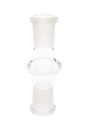 Clear borosilicate 14.5 mm female-to-female glass adapter with frosted ground joints and center grip ring, shown upright on a white background.