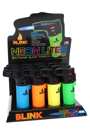 Counter display of 12 Blink Neon Lites butane torch lighters in assorted neon colors with straight nozzles and safety lock sliders, checkout ready.