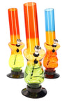 10-inch acrylic bong with ridged grip body, tri-color orange-yellow-green, metal herb bowl and wide suction base.