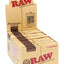 RAW Classic Connoisseur 1¼ rolling papers with tips, 24-count display box in kraft finish with elastic band and classic RAW branding.