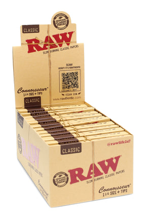 RAW Classic Connoisseur 1¼ rolling papers with tips, 24-count display box in kraft finish with elastic band and classic RAW branding.