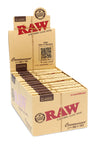 RAW Classic Connoisseur 1¼ rolling papers with tips, 24-count display box in kraft finish with elastic band and classic RAW branding.