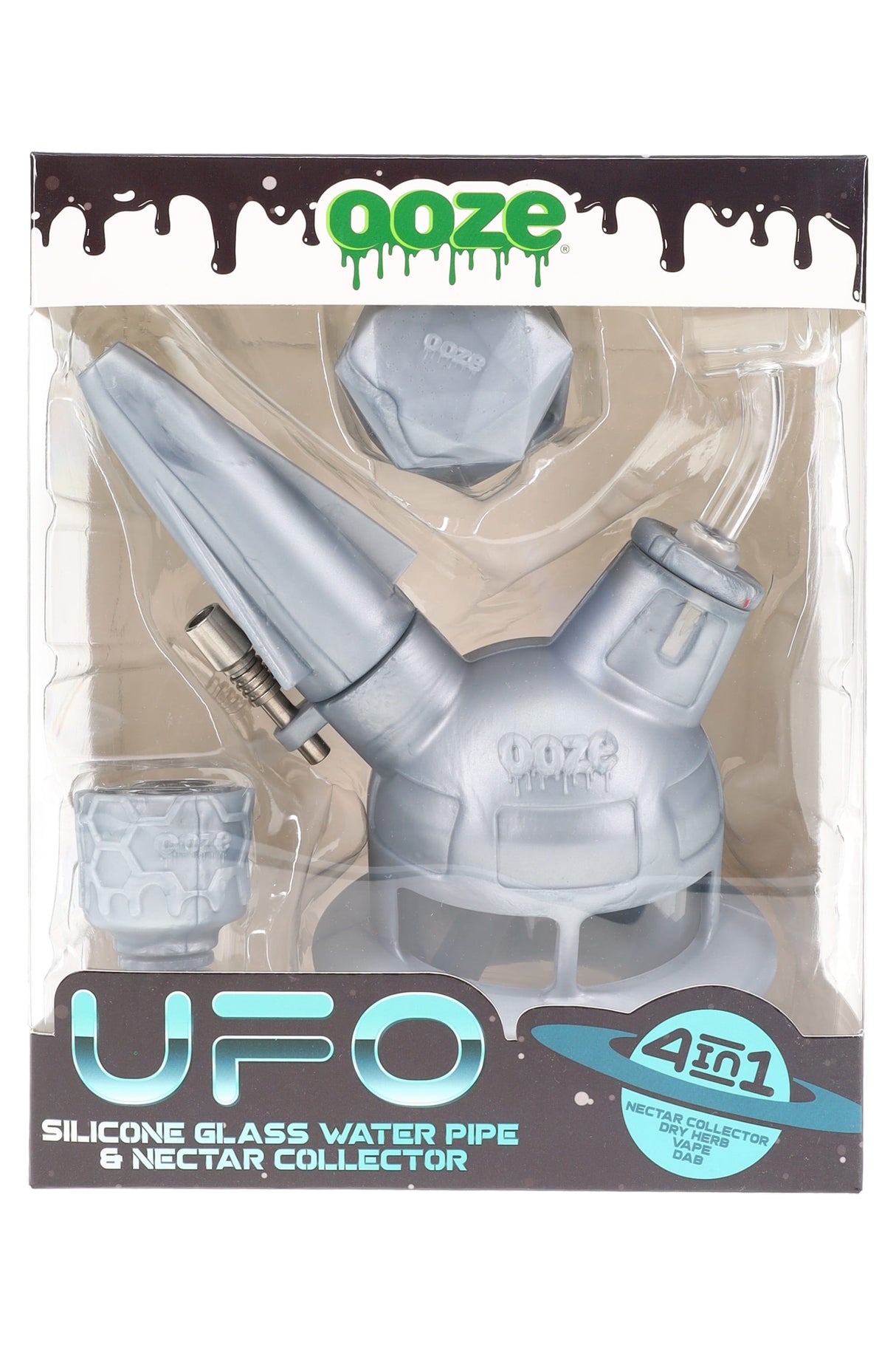 Silver Ooze “UFO” silicone/glass water pipe kit in packaging, includes quartz banger, nectar tip, and silicone stash container.