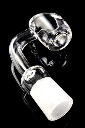 Close-up of 14.5 mm female quartz banger showing 4 mm thick bucket and ground joint, domeless design on black background.