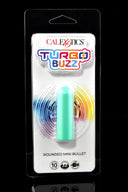 Mint green Turbo Buzz rounded mini bullet vibrator packaged on black card; 10 functions, USB rechargeable, IPX7 waterproof.