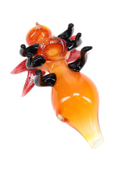 Underside view of gold-fumed glass fly pipe showing deep spoon bowl, side carb, and curved amber stinger mouthpiece.