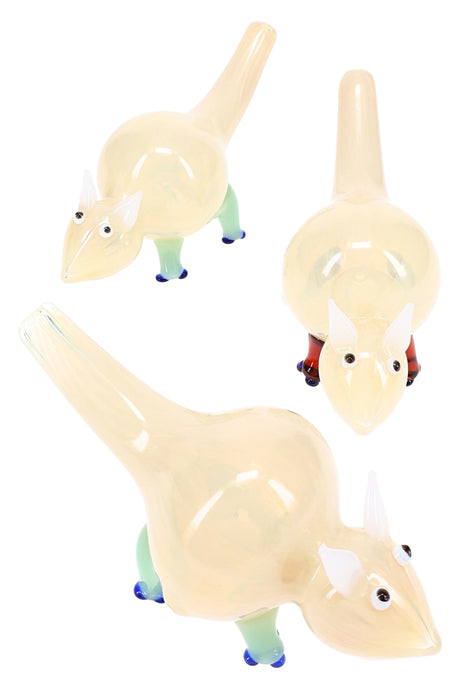 Silver-fumed color-changing glass critter hand pipe with long tail mouthpiece, white ears, and green legs with blue feet — assorted accents.