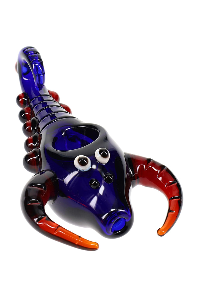 Colored glass scorpion hand pipe with curled tail silhouette and deep bowl, novelty design for dry herb — one color.