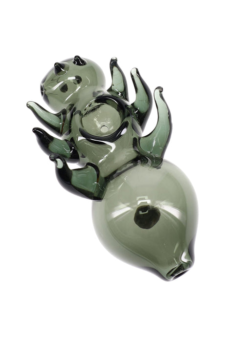 Underside view of smoke-gray glass bug hand pipe showing deep spoon bowl, side carb, and raised legs for a stable tabletop rest.