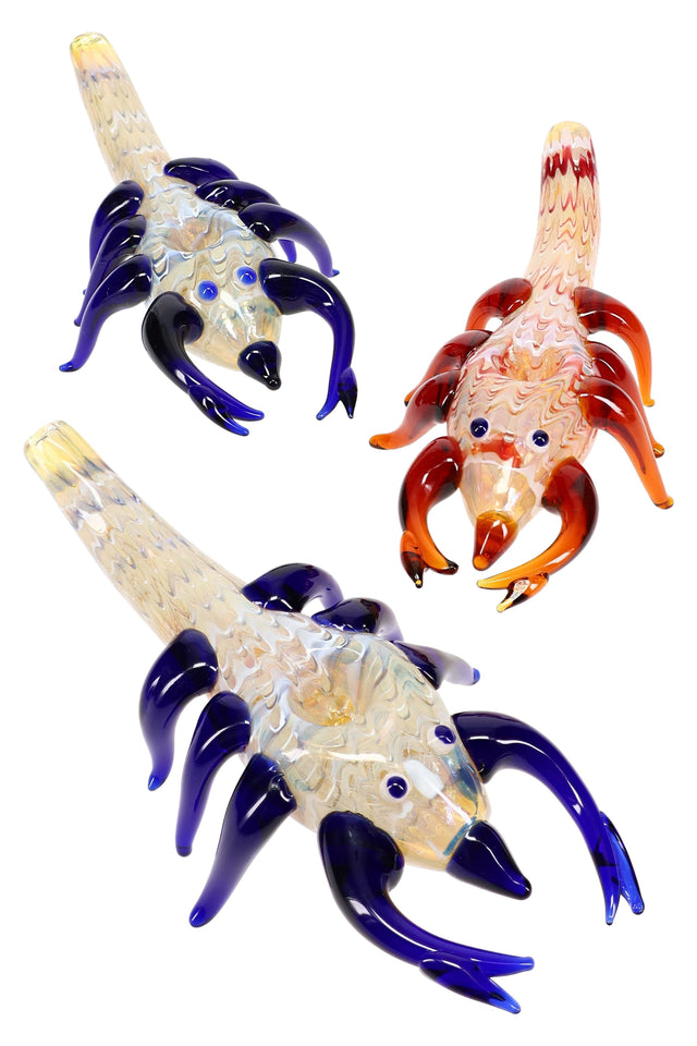 Color-changing raked glass scorpion hand pipe with curled tail, raised legs, deep spoon bowl, and side carb — assorted colors.