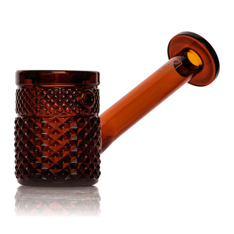 Amber Jane West hand pipe side view with orange textured bowl and clear glass mouthpiece
