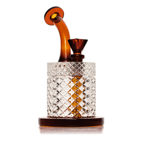 Amber Jane West water pipe front view with orange neck, square bowl, and upright glass body