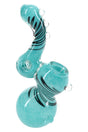 Teal 5½″ donut hole frit Sherlock bubbler close-up with swirl stripe details and textured glass accents