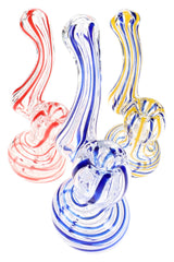 Assorted mini glass Sherlock bubblers with red, blue, and yellow stripes on clear curved bodies