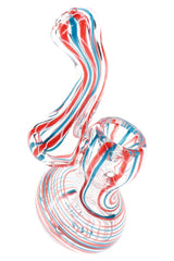 Clear striped glass Sherlock bubbler with red and blue ribbon lines, round base, bowl, and side carb