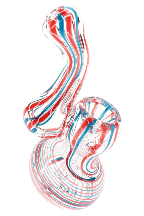 Clear striped glass Sherlock bubbler with red and blue ribbon lines, round base, bowl, and side carb