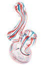 Clear striped glass Sherlock bubbler with red and blue ribbon lines, round base, bowl, and side carb